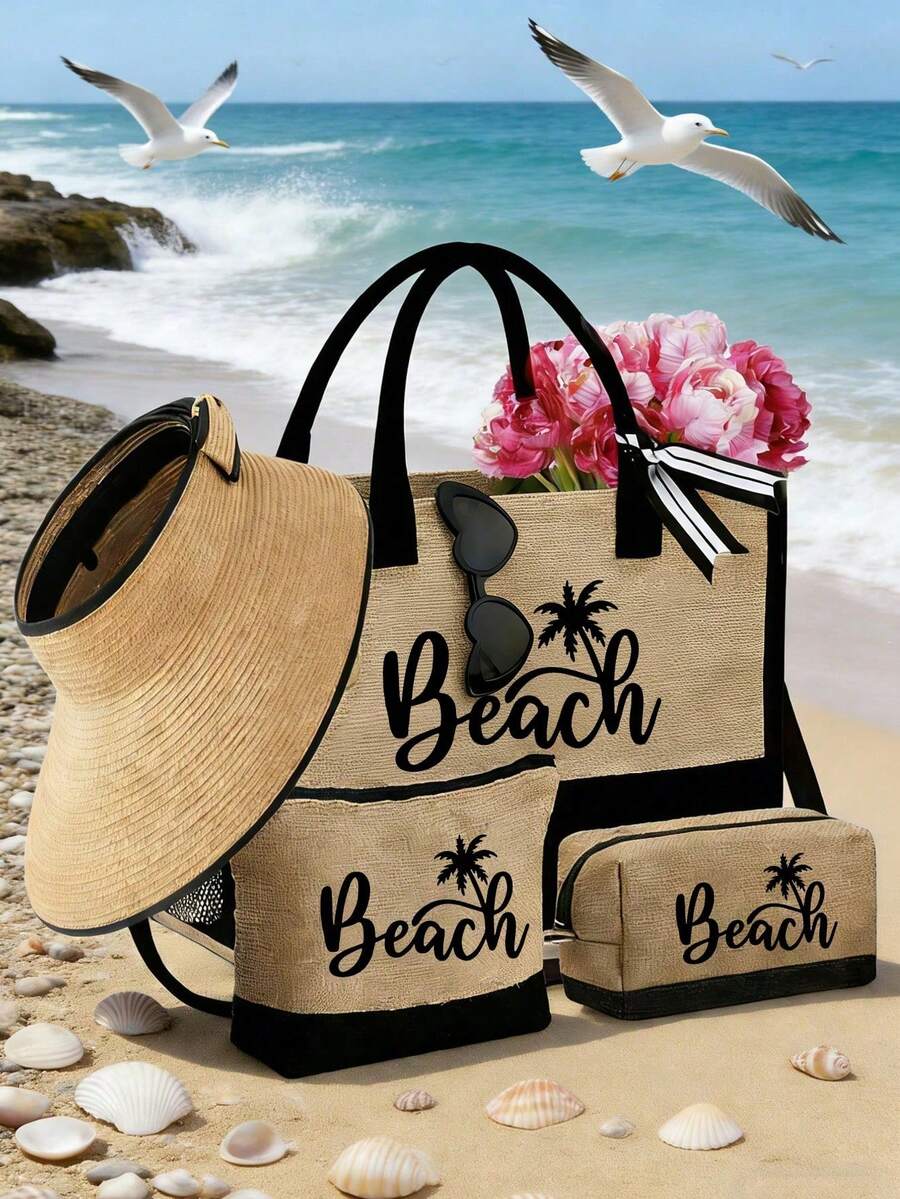 Conjunto de bolsa de praia feminina com tema praiano, estampada com a palavra "Beach" (Praia) e um padrão de palmeiras. Bolsa grande com óculos de sol pretos estilosos, chapéu de praia e duas nécessaires. Sacola de compras reutilizável e leve com mini porta-moedas. Bolsa multifuncional ideal para passeios de fim de semana. - Multicolorido - Ver 1