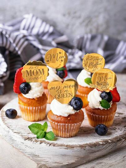 6pcs Mother's Day Cupcake Toppers, Gold Acrylic Mirror Disc Cupcake Toppers For Mother's Day Cake Decorations 7 Styles, For Cupcake Decoration, For Mom Women's Day Birthday Party Supplies