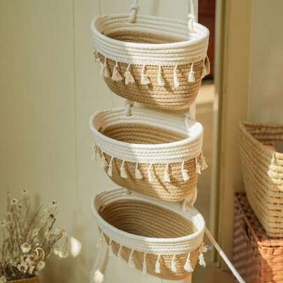 3-Tier Hanging Basket Storage Basket, Cartoon Woven Storage Basket, Cotton Rope Storage Bag For Dorm Room, Behind The Door