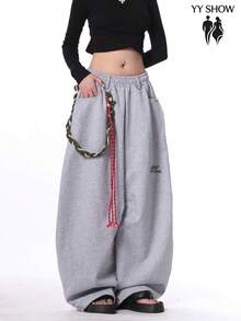 Curved Silhouette Jersey Pants For Men And Women. High-Quality Street Style, Loose Fit, Wide Leg, Unisex, Thick Sweatpants For Fall And Winter. - 灰色 - 查看 5