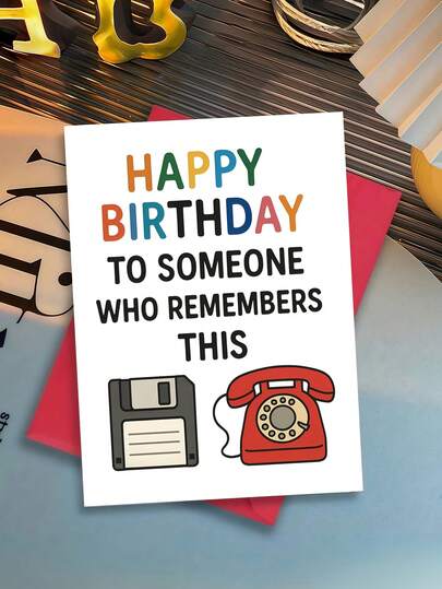 1pc Funny Retro Birthday Card With Envelope For Him Or Her - Vintage Floppy Disk & Rotary Phone Design, "Happy Birthday To Someone Who Remembers This", Nostalgic 80s 90s Gift For Dad, Mom & Coworkers, Blank Inner Page For Writing
