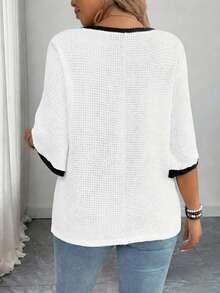 大码女式休闲百搭针织T恤衫（夏季款） - 黑與白 - 查看 2