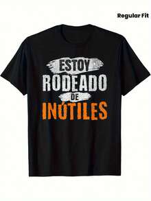 Camiseta para hombre con un dicho sarcástico en español sobre estar rodeado de personas ineptas - Negra con estampado blanco y naranja, estilo casual ligero de verano, corte regular, manga corta, lavable a máquina. - Negro - Ver 3