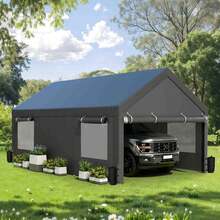 JAMFLY Carport, Heavy Duty Carport With Roll-Up Windows, Portable Garage With Removable Sidewalls & Doors, Car Canopy With Sandbags And All-Season Tarp For Car Boat Truck Motorcycle - 深灰色 - 查看 2