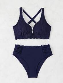 时尚女士高腰比基尼套装，吊带背心式上衣，荷叶边装饰和撞色包边，中等弹力泳装 - 藍色 - 查看 6