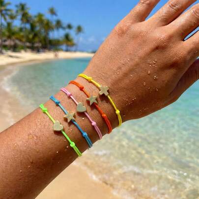 5 PIEZAS/Pulsera minimalista de cruz de verano, pulsera de corazón/estrella/cruz, pulsera apilable, pulsera de resort de playa, pulsera de punto ajustable, pulsera de mejor amiga, pulsera de ocio de verano, regalo para novia, regalo de playa para ella, regalo del Día de San Valentín