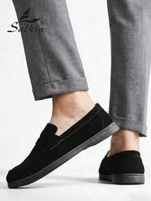 Salkin Designer Fashion Men's Slip-On Loafers, Faux Suede Casual Shoes, Soft, Comfortable, Breathable, Non-Slip, Durable Flat Shoes, Versatile For Suits, Students, Graduation, Business, Party, Wedding, Spring/Summer/Autumn, Plus Size, Multiple Colors Available. Note: Runs Small, Please Order One Size Up. Old Money Chic Autumn - Black - View 2