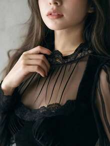 Women's Lace Mesh Sheer Long Sleeve Blouse, Women's Knitted Lace Ruffle Hem Long Sleeve Black Shirt, Women's Vacation Wear, Elegant Lace Trim Ladies Apparel, See-Through Sleeve Bodycon Off Shoulder Top, Suitable For Beach, Dinner, Date, Holiday, School, Vacation, Home, Daily, Travel, Spring, Summer, Autumn, Valentine's Day - Black - View 2