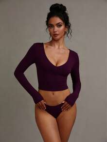 XLLAIS Sexy V-Neck Long Sleeve Cropped Top, Double-Layer High Elasticity Yoga Fabric Casual - Purplish-red - View 5