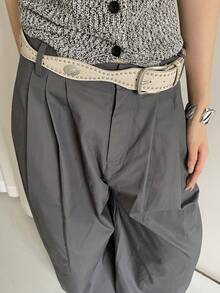 1 chiếc thắt lưng nữ bằng da PU màu be kiểu cổ điển, đính đinh tán, phong cách Bohemian. - Màu be - Xem 3