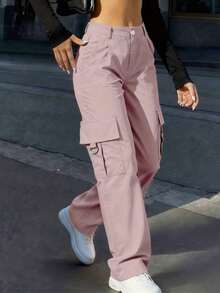 New Women's Straight Leg Cargo Pants, High Waist Loose Slimming Wide Leg Yoga Pants With Sexy Oblique Pockets And Flap Pockets, Spring Autumn Women Clothing Sports - Pink - View 2