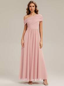 Đầm phù dâu màu hồng bằng vải chiffon thanh lịch, thiết kế cổ bất đối xứng, thích hợp cho tiệc tùng, đám cưới, kỳ nghỉ xuân/hè. - Hồng - Xem 5