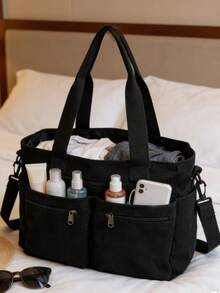 大容量灯芯绒手提包，轻便斜挎包，带拉链口袋，女士适用，适合上学、健身、旅行、聚会和日常使用。灯芯绒手提包：耐用时尚，大容量，是女士日常出行的理想之选。 - 黑色 - 查看 3