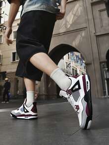 Men's White Burgundy High-Top Sneakers Striking White Upper With Deep Burgundy And Grey Accents For A Sophisticated, Retro Look. - 白紅 - 查看 6
