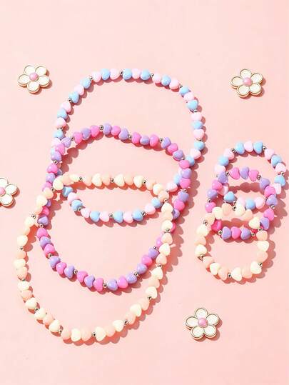 Set de 2 piezas de collar y pulsera con cuentas con forma de corazón lindo para niños, versátil para uso diario de niñas, fiesta, regalo de vacaciones