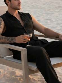 男士夏季轻薄亚麻开衫背心套装，休闲时尚亚麻裤套装 - 黑色 - 查看 2