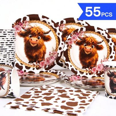 Bộ đồ dùng dùng một lần gồm đĩa, khăn ăn và cốc in hình hoa và bò Tây Tạng - Dành cho 10 khách, thích hợp cho sinh nhật, đám cưới, tiệc theo chủ đề, dã ngoại gia đình.