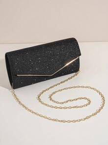 Women's Glitter Envelope Clutch, Sparkly Evening Party Handbag With Gold Chain Strap & Metallic V Detail, Prom Wedding Banquet Shoulder Crossbody Bag - 黑色 - 查看 1