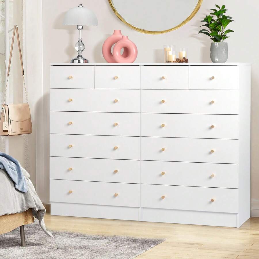 White 7 Drawer Dresser For Bedroom, Modern Wood Dresser Chest Of Drawers, Rustic Bedroom Dressers Nightstand, Anti-Tipping Device, Rose Gold Metal Handle, Living Room, Hallway, Office - 白色 - 查看 1