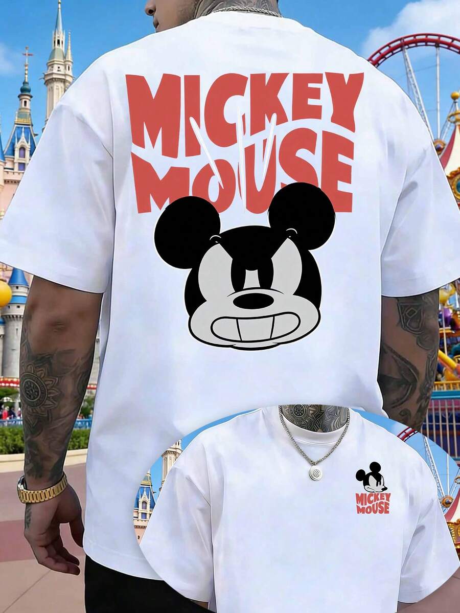 Disney Retro-Style Angry Mickey Mouse T-Shirt, Classic Cartoon Crew Neck Men's T-Shirt, Made Of Comfortable And Soft 100% Pure Cotton, Suitable For Everyday Wear, Outings, Parties, And Other Men's Clothing. - White - View 1