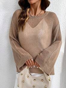 Solid Color Casual Women Round Neck Sheer Loose Long Sleeve Pullover Sweater - Khaki - View 5