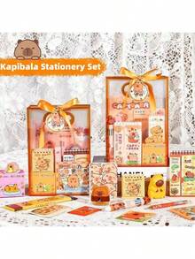 1 Set Capybara Themed Stationery Gift Box Set, Includes Various Capybara Design Items Such As Pen, Pencil Case, Notebook, Stickers, Eraser, Sticky Notes, Pendant, Etc. A Great Choice For Graduation Gifts, Birthday Gifts, Back To School Gifts, Valentine's Day Gifts (Stationery Styles And Colors Are Random) - Multicolor - View 4