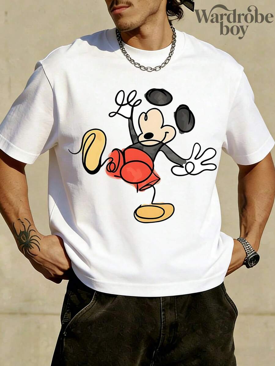 Disney Printed T-Shirt,Men's Retro Mickey T-Shirt, Classic Mickey Shirt, Mickey Mouse Shirt, Cute Mickey Shirt, Family Travel Shirt, Disneyland Family Matching Outfits , Unisex,High-Quality Pure Cotton T-Shirt,Suitable For All Seasons, Comfortable And Breathable| Exquisite Design | The Best Choice For Giving Gifts - 白色 - 查看 1
