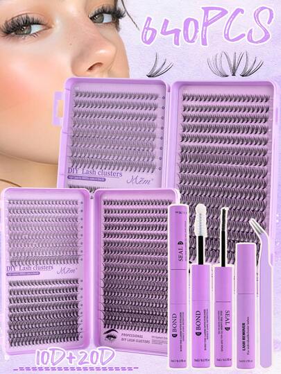 640 Eyelash Extension Kit - DIY Eyelash Book, Including False Eyelashes, Glue, Makeup Remover, Tweezers, Suitable For Professionals And Beginners, Easy To Use At Home. Eyelash Extension Starter Kit: Includes False Eyelashes, Glue, Makeup Remover, And Tools, Allowing You To Easily Extend Your Eyelashes At Home Like A Professional. Professional Home Eyelash Extension Set.