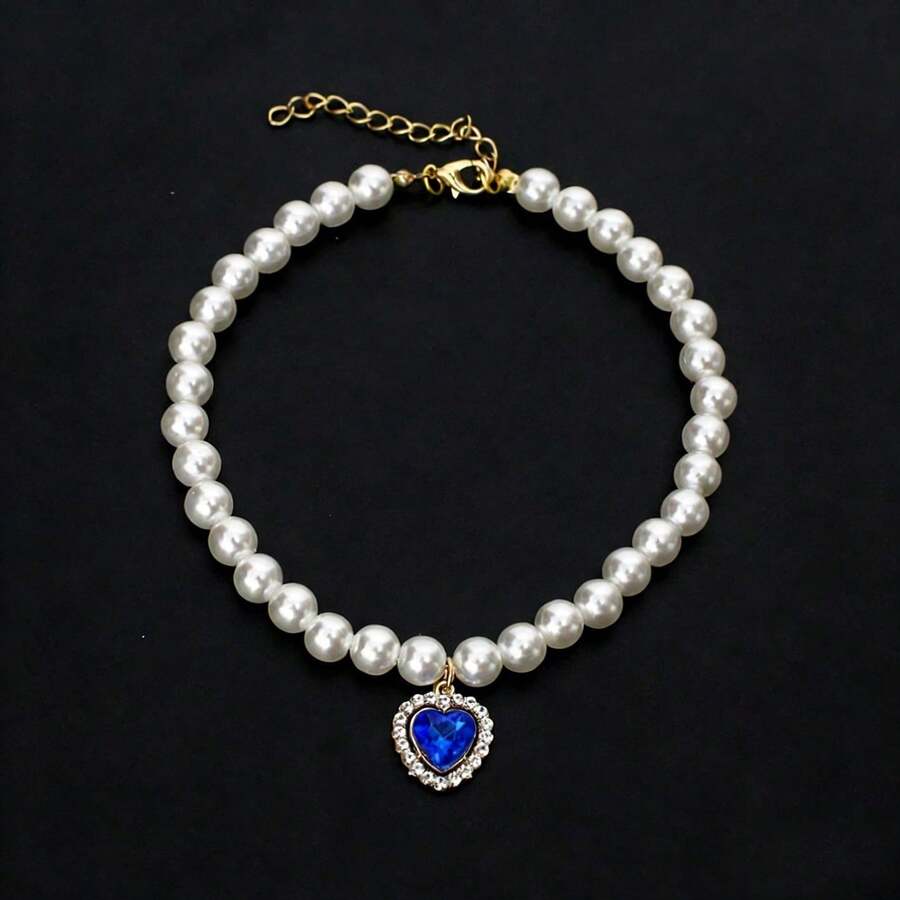 Faux Pearl Elegant Dog Necklace, Blue Heart Pendant Inlaid With Rhinestones, Luxury Pet Collar Design, Fashionable Durable And Sturdy, Suitable For Cats And Dogs - Multicolor - View 1