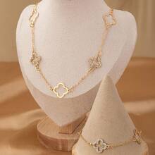 Bộ 2 món dây chuyền và vòng tay mặt dây chuyền hình cỏ bốn lá rỗng đính đá lấp lánh cao cấp, thời trang, thanh lịch, phù hợp cho trang phục hàng ngày và lễ hội của các cô gái tuổi teen, quà tặng. - Vàng - Xem 4