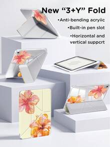 Kingsung Funda protectora de cristal acrílico transparente con patrón floral en forma de Y, plegable y de doble cara, pintada con aerosol, compatible con tabletas Tablets/Mini6/7/9.7/10.2/10.5/10.9/12.9/Pro 11, 10th Gen, admite ajuste de múltiples ángulos, 6 modos de colocación de soporte, ranura integrada para bolígrafo, placa trasera transparente, protección antideslizante, activación/suspensión automática - Multicolor - Ver 7