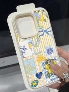 1pc Fashionable Lemon Element Striped Wine Glass Pattern Litchi Texture Anti-Drop Anti-Slip Soft Phone Case Compatible With Apple, Phones - Multicolor - View 2