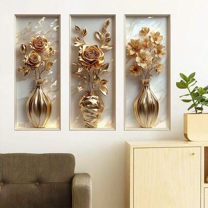 3pcs Luxury Gold Vase Wall Stickers, Elegant White Rose Floral Decor Sticker Suitable For Living Room Bedroom Sofa Background, Removable Vinyl Wall Art Home Decor