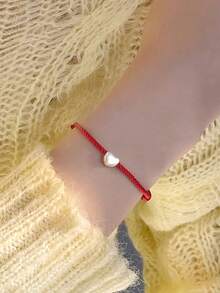 925纯银编织心形手链，浪漫幸运简约手镯，情人节情侣礼物 - 紅色 - 查看 5