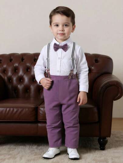BOARNSEORL Young Boys Gentleman Outfit - White Long Sleeve Shirt With Bowknot And Suspender Pants, Fashionabantic For Birthday Party, Formal Event, Wedding, Baby Shower