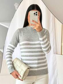 Women's Striped Long-Sleeved Sweater - 石楠灰 - 查看 2