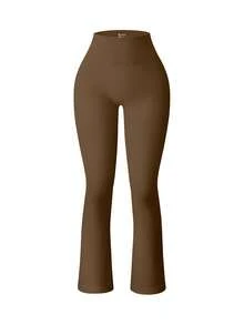 OQQ Women's 1 Piece Yoga Pants Ribbed Seamless Workout High Waist Bell Bottoms Flare Leggings - 咖色 - 查看 1