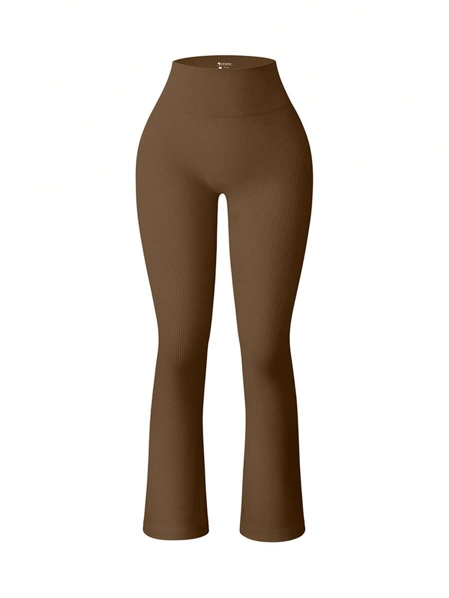 OQQ Women's 1 Piece Yoga Pants Ribbed Seamless Workout High Waist Bell Bottoms Flare Leggings - 咖色 - 查看 1