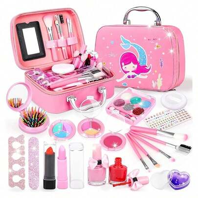 Juguete de Maquillaje para Niñas, 20 Piezas Juguete Cosmético Real Lavable Maletin de Maquillaje Niñas Maleta de Maquillaje Bolsa de Maquillaje Princesa, Regalos de Cumpleaños de Navidad para Niñas