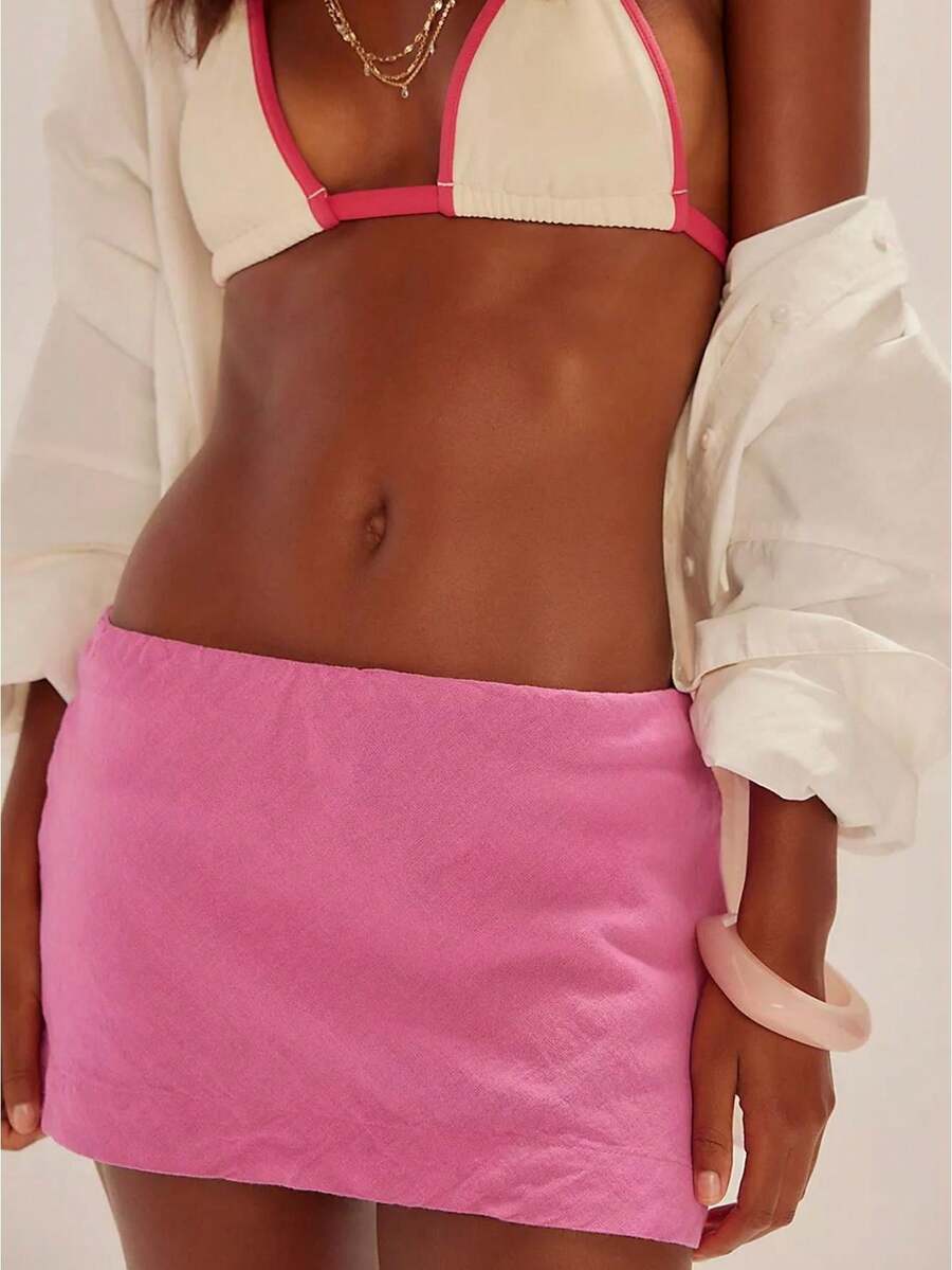 Womens Cotton Linen Skorts Casual Cute A-Line Mini Skirts With Ruffle Inner Waistband Hot GIrls Summer Beach Vacation Outfits Street And Daily Wear - 粉色 - 查看 1
