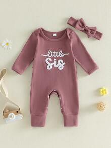 Baby Girls Romper Letter Embroidery Long Sleeve Round Neck Back Ruffled Jumpsuit with Bow Headband - Morado - Ver 4