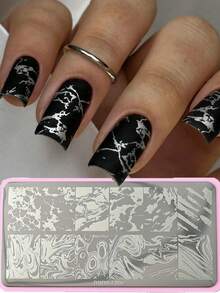 12*6cm French Marble Striped Nail Stamping Plates Geometric Rectangle Nail Art Stamping Template Marbling Stainless Steel Nail Design Stencil Tools DIY Nail Mold - Silver - View 2
