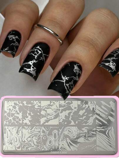 12*6cm French Marble Striped Nail Stamping Plates Geometric Rectangle Nail Art Stamping Template Marbling Stainless Steel Nail Design Stencil Tools DIY Nail Mold