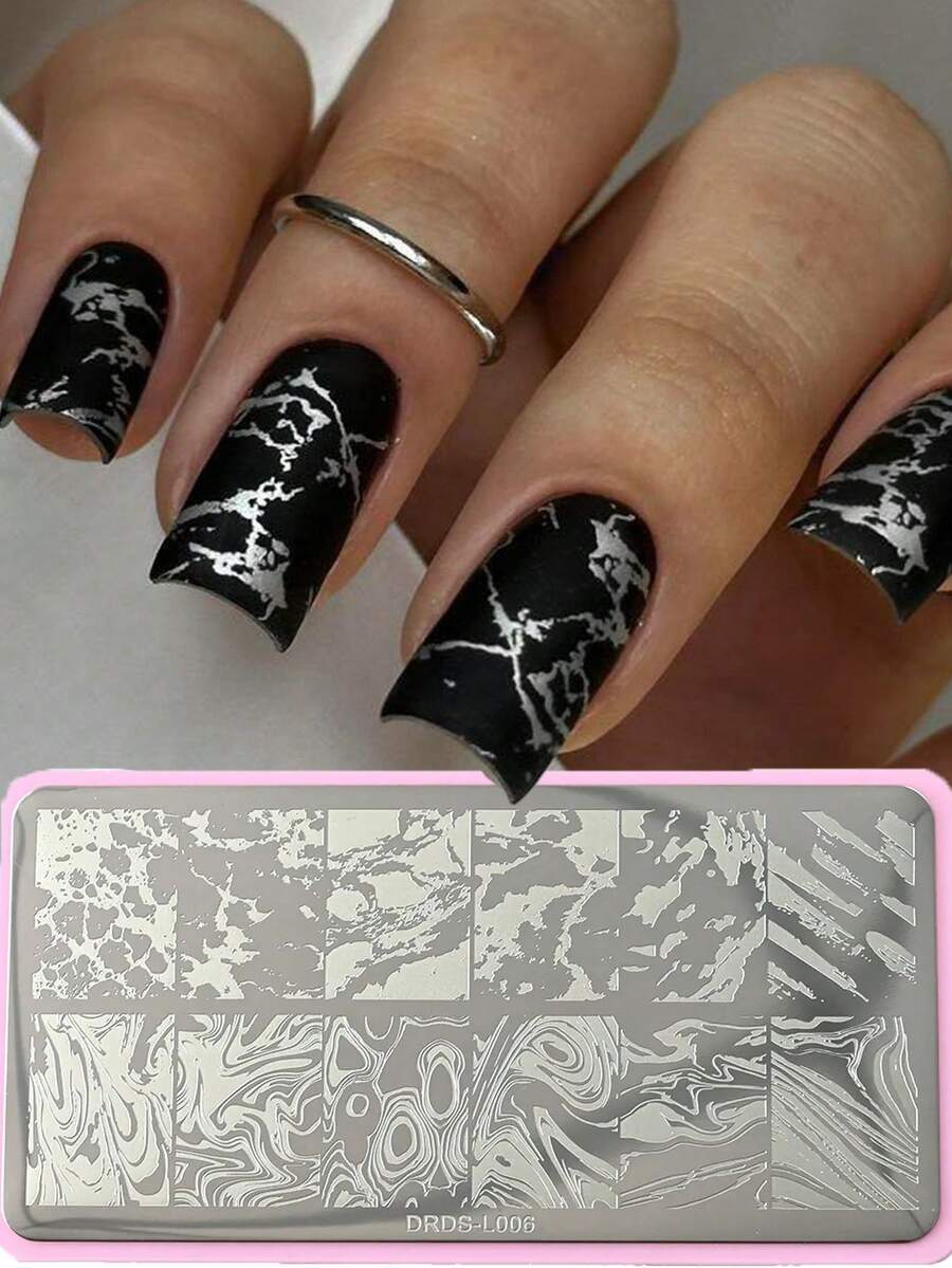 12*6cm French Marble Striped Nail Stamping Plates Geometric Rectangle Nail Art Stamping Template Marbling Stainless Steel Nail Design Stencil Tools DIY Nail Mold