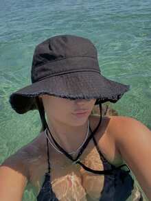 1 pieza Sombrero de cubo con cordón ajustable para mujer, diseño con correa para la barbilla, acabado desgastado, tela suave, protección solar, a prueba de viento, de moda, adecuado para viajes, playa, vacaciones y uso diario casual - Multicolor - Ver 3