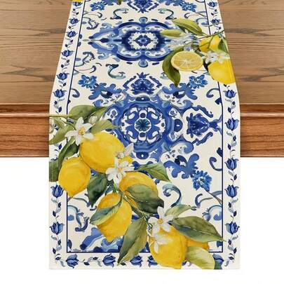 1pc Lemon Blue & White Ceramic Table Runner, Suitable For Spring Kitchen, Dining Table, Family Gathering, Available In Multiple Sizes
