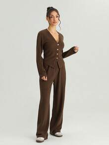 KATCH ME Women's Solid Color V-Neck Long Sleeve Button Tailored Top & Wide Leg Trousers Set, Cozy Two Piece Outfits For Fall & Winter - Chocolate Brown - View 4
