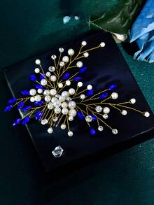 1pc Blue Crystal Rhinestone & Faux Pearl Handmade Bridal Hair Comb, Suitable For Wedding Party - Multicolor - View 4