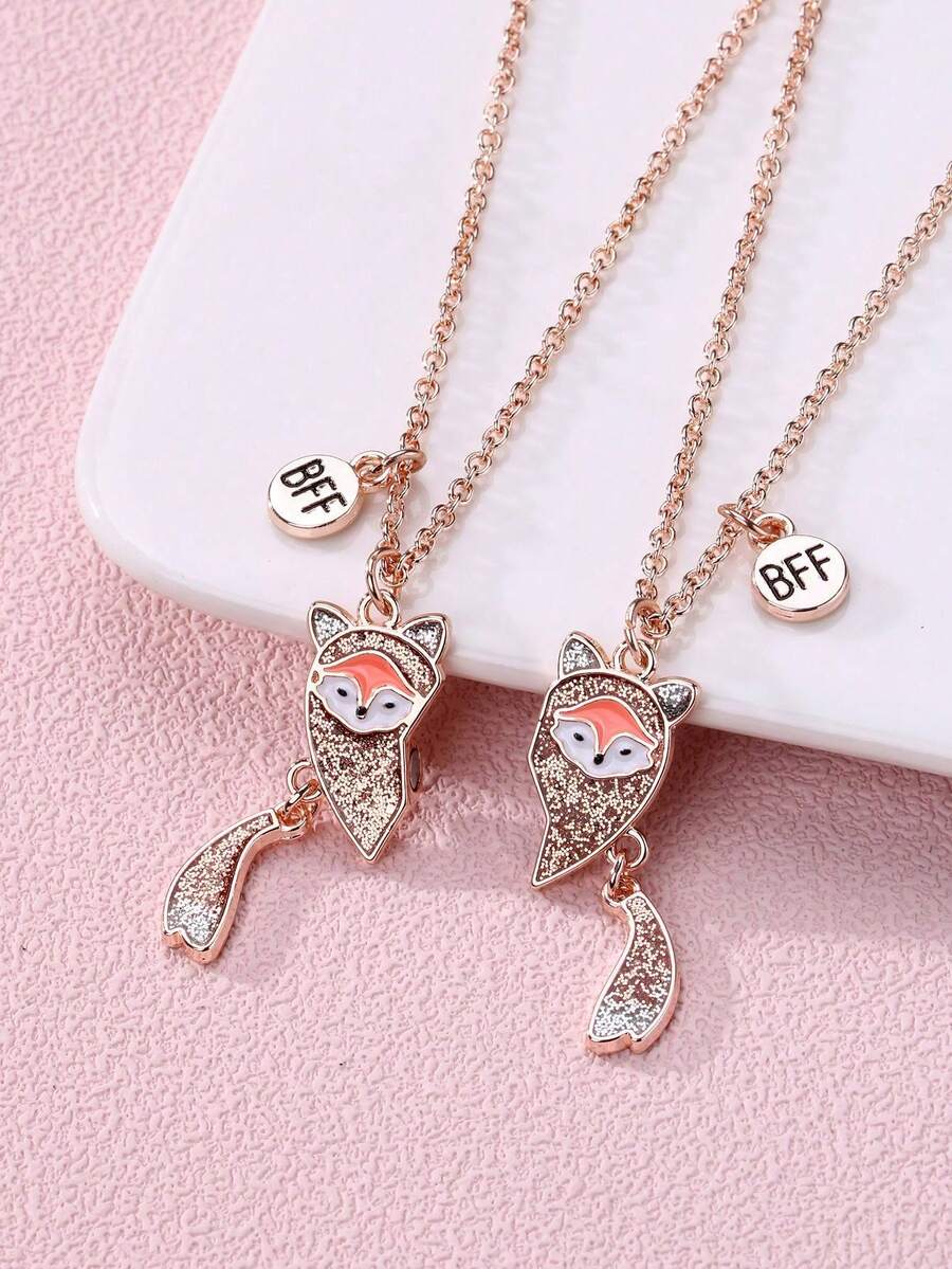 2件套女孩可爱狐狸造型锌合金滴油粉磁性吊坠项链，适合日常佩戴，可作礼物 - 均碼 - 查看 1
