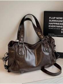 1pc Vintage Large Capacity Handbag, Vintage PU Messenger Shoulder Bag, Women Casual Tote Bag & Wallet, Bohemia Style Bag For Women, Tote Bags For School,College Essentials, Street & Japanese Bag For Women, New Fashionable Big Bags For Women, New Arrival Tote Bags For Woman , Vintage Bag , Y2k , Office - 咖啡棕 - 查看 10